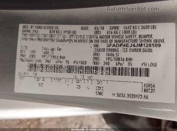 3FADP4EJ4JM128509 2018 FORD FIESTA Silver Вид підкапотного простору