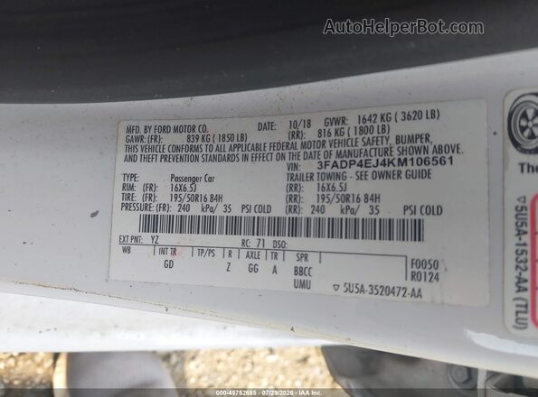 3FADP4EJ4KM106561 2019 FORD FIESTA Белый Вид подкапотного пространства