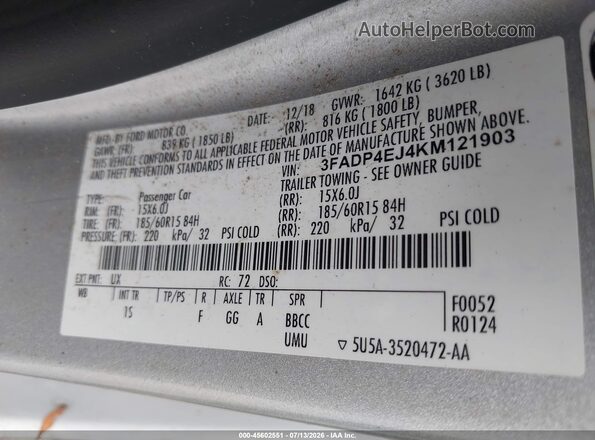 3FADP4EJ4KM121903 2019 FORD FIESTA Silver Вид підкапотного простору