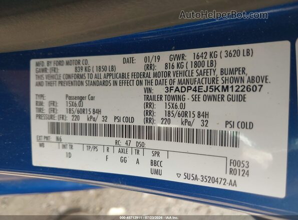 3FADP4EJ5KM122607 2019 FORD FIESTA Blue Engine compartment view