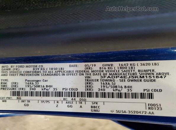 3FADP4EJ5KM151847 2019 FORD FIESTA Blue VIN კოდის სტიკერის ხედი