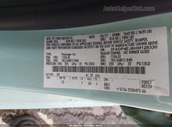 3FADP4EJ6HM128330 2017 FORD FIESTA Teal ძრავის განყოფილების ხედი