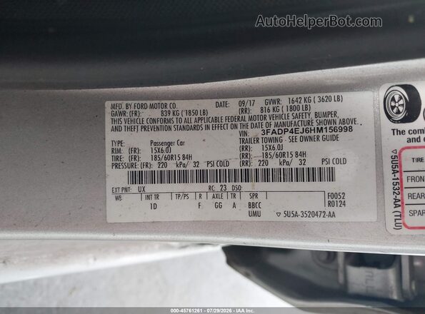 3FADP4EJ6HM156998 2017 FORD FIESTA Silver Вид підкапотного простору