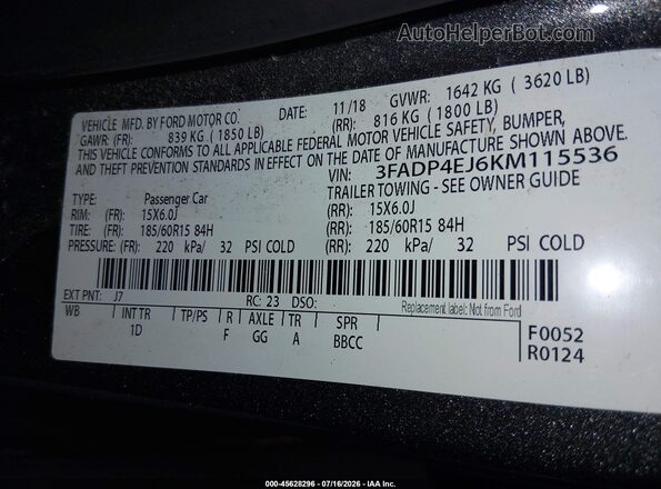 3FADP4EJ6KM115536 2019 FORD FIESTA Gray ძრავის განყოფილების ხედი