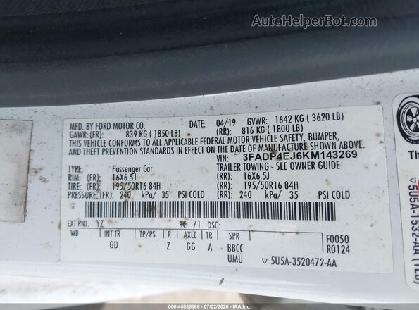 3FADP4EJ6KM143269 2019 FORD FIESTA White Вид підкапотного простору