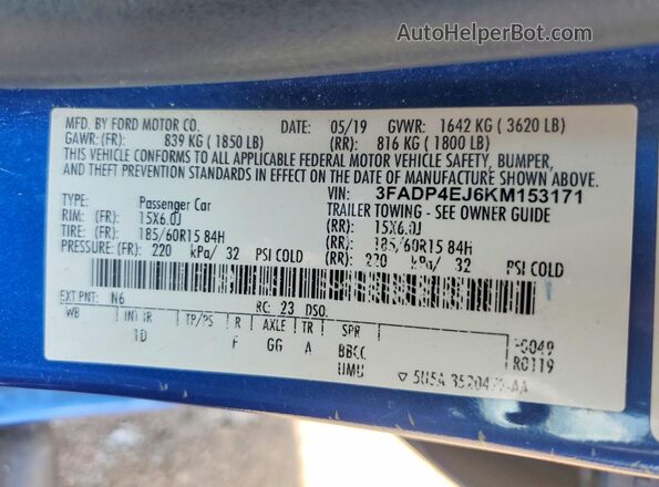 3FADP4EJ6KM153171 2019 FORD FIESTA Blue Շարժիչի բաժամունքի տեսք