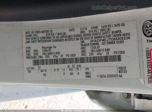 3FADP4EJ7GM205236 2016 FORD FIESTA White Շարժիչի բաժամունքի տեսք