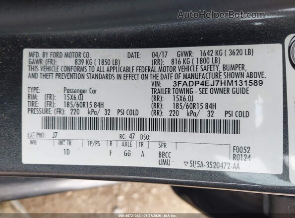 3FADP4EJ7HM131589 2017 FORD FIESTA Gray Շարժիչի բաժամունքի տեսք
