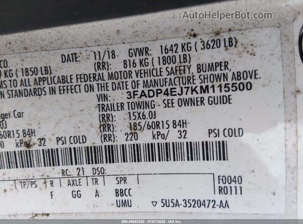 3FADP4EJ7KM115500 2019 FORD FIESTA Белый Вид подкапотного пространства