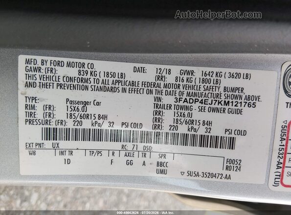 3FADP4EJ7KM121765 2019 FORD FIESTA Серебряный Вид подкапотного пространства