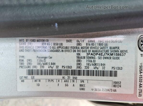 3FADP4EJ7KM158637 2019 FORD FIESTA Silver ძრავის განყოფილების ხედი