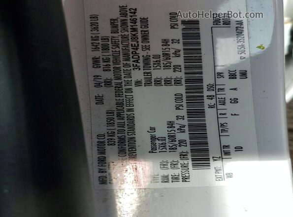 3FADP4EJ8KM146142 2019 FORD FIESTA White Widok wnętrza 360 stopni