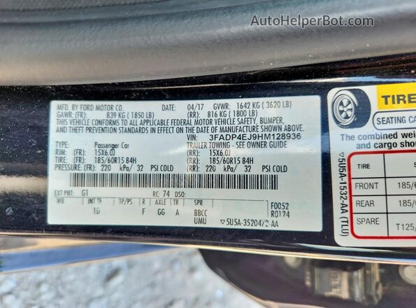3FADP4EJ9HM128936 2017 FORD FIESTA Black VIN կոդի պիտակի տեսք