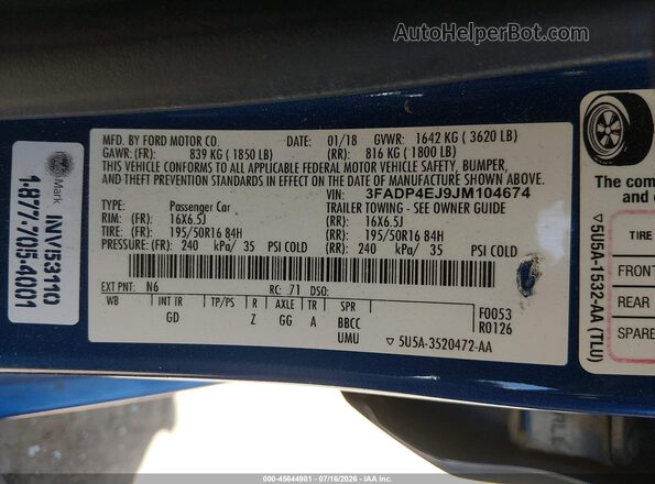 3FADP4EJ9JM104674 2018 FORD FIESTA Blue ძრავის განყოფილების ხედი