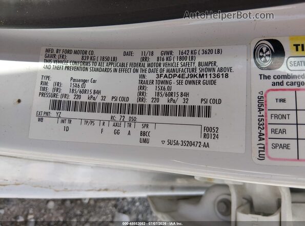 3FADP4EJ9KM113618 2019 FORD FIESTA Белый Вид подкапотного пространства