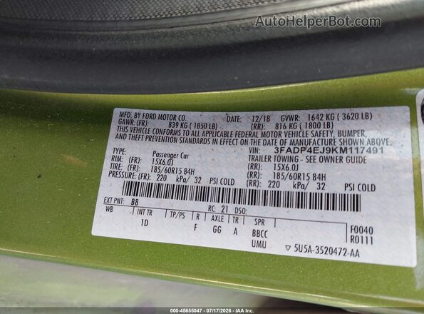 3FADP4EJ9KM117491 2019 FORD FIESTA Green Vista del compartimento del motor