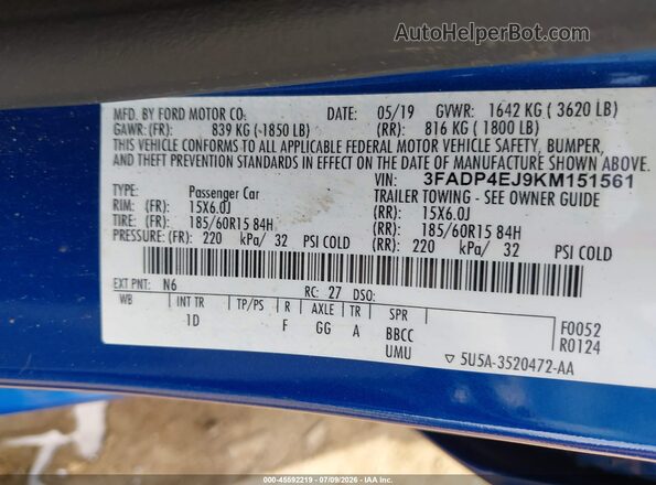 3FADP4EJ9KM151561 2019 FORD FIESTA Blue Շարժիչի բաժամունքի տեսք