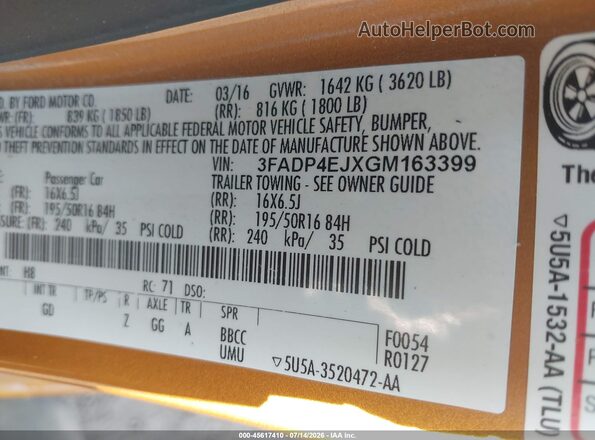 3FADP4EJXGM163399 2016 FORD FIESTA Orange ძრავის განყოფილების ხედი