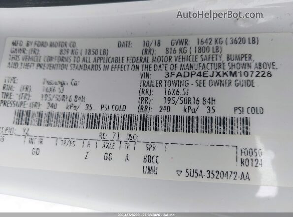 3FADP4EJXKM107228 2019 FORD FIESTA White Widok komory silnika