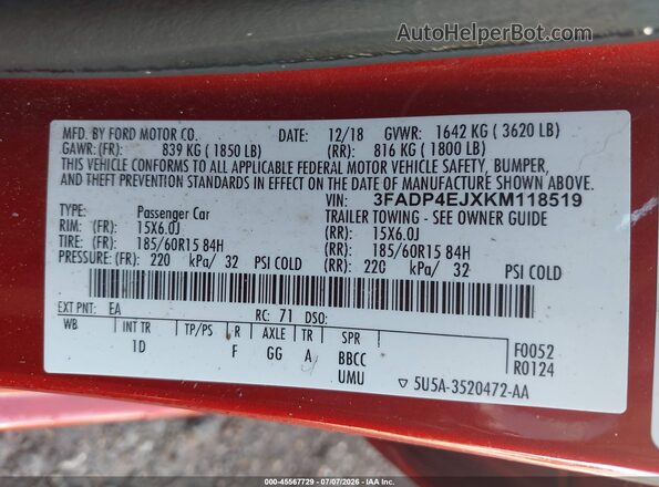 3FADP4EJXKM118519 2019 FORD FIESTA Orange Vista del compartimento del motor