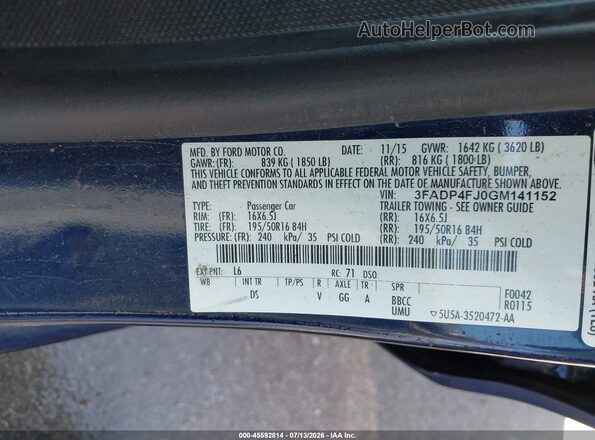3FADP4FJ0GM141152 2016 FORD FIESTA Синий Вид подкапотного пространства