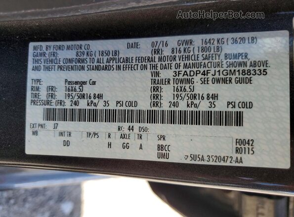 3FADP4FJ1GM188335 2016 FORD FIESTA Gray Vista de la etiqueta del VIN