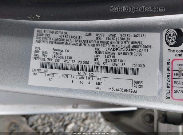 3FADP4TJ2JM132741 2018 FORD FIESTA Серебряный Вид подкапотного пространства
