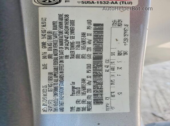 3FADP4TJ6GM169638 2016 FORD FIESTA Silver VIN sticker view