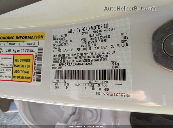 3FMCR9A6XMRA63246 2021 FORD BRONCO SPORT White Vista del compartimento del motor