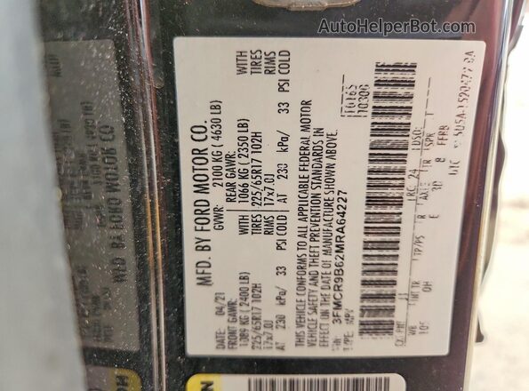 3FMCR9B62MRA64227 2021 FORD BRONCO Черный Вид наклейки с VIN-кодом
