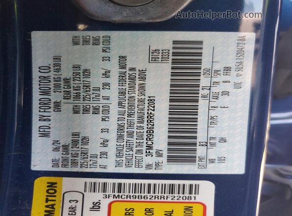 3FMCR9B62RRF22081 2024 FORD BRONCO Blue Vista del compartimento del motor