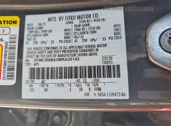 3FMCR9B63MRA35142 2021 FORD BRONCO Gray სალონის 360-გრადუსიანი ხედი