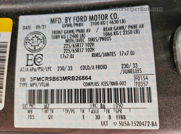 3FMCR9B63MRB26864 2021 FORD BRONCO Gray VIN კოდის სტიკერის ხედი