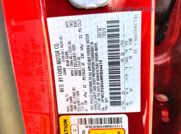 3FMCR9B64MRB04419 2021 FORD BRONCO Red VIN կոդի պիտակի տեսք