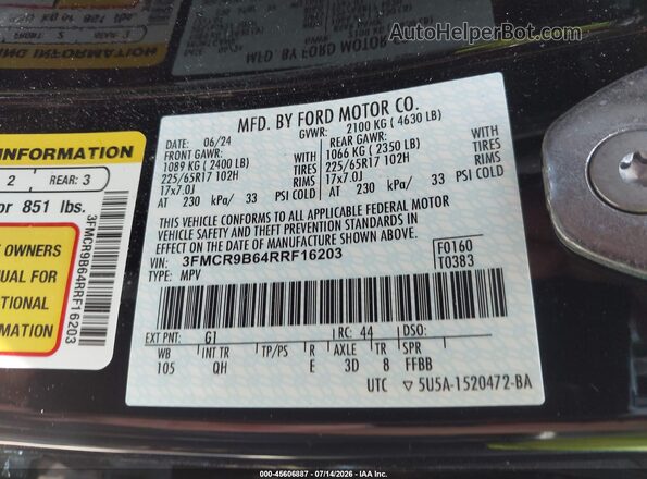 3FMCR9B64RRF16203 2024 FORD BRONCO SPORT Black ძრავის განყოფილების ხედი