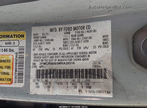 3FMCR9B65MRA28516 2021 FORD BRONCO SPORT Серый Вид подкапотного пространства