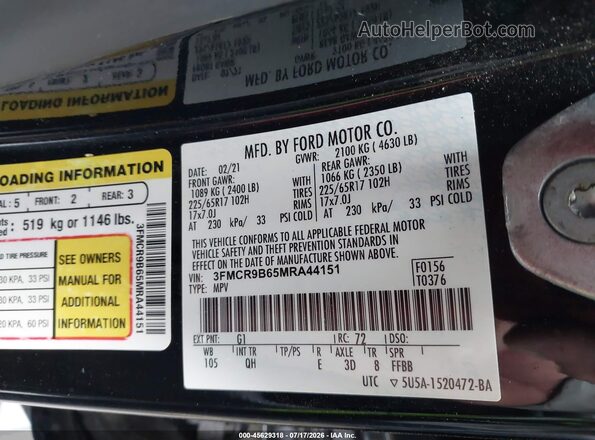 3FMCR9B65MRA44151 2021 FORD BRONCO SPORT Black Engine compartment view