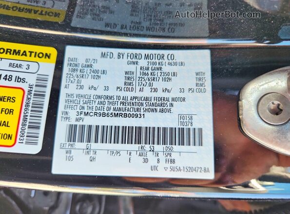 3FMCR9B65MRB00931 2021 FORD BRONCO Black Widok wnętrza 360 stopni