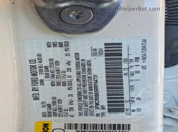 3FMCR9B65RRF64731 2024 FORD BRONCO White Widok naklejki z numerem VIN