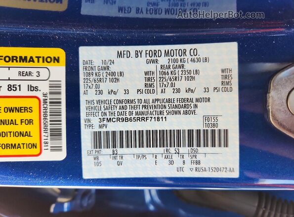 3FMCR9B65RRF71811 2024 FORD BRONCO Blue Vista de la etiqueta del VIN