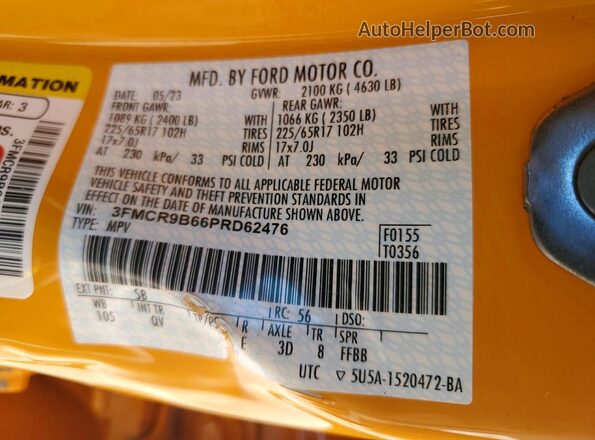 3FMCR9B66PRD62476 2023 FORD BRONCO Yellow Vista de la etiqueta del VIN