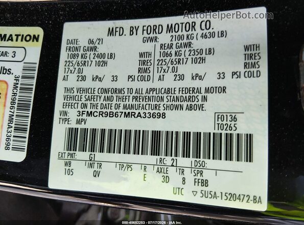 3FMCR9B67MRA33698 2021 FORD BRONCO SPORT Черный Вид подкапотного пространства