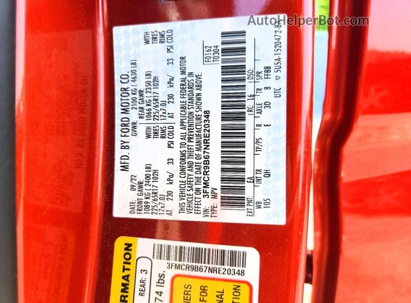 3FMCR9B67NRE20348 2022 FORD BRONCO Orange Вид наклейки з VIN-кодом