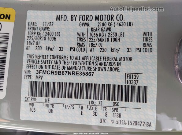 3FMCR9B67NRE35867 2022 FORD BRONCO SPORT Gray Vista del compartimento del motor