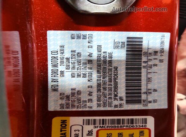 3FMCR9B68PRD63340 2023 FORD BRONCO Red Vista de la etiqueta del VIN