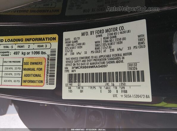 3FMCR9B69MRA54097 2021 FORD BRONCO SPORT Black ძრავის განყოფილების ხედი