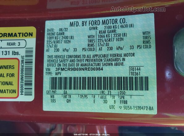 3FMCR9B69NRE06984 2022 FORD BRONCO SPORT Red Շարժիչի բաժամունքի տեսք