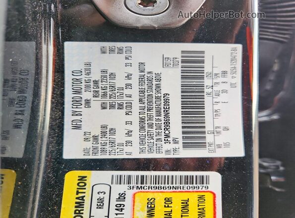 3FMCR9B69NRE09979 2022 FORD BRONCO Black Вид наклейки з VIN-кодом