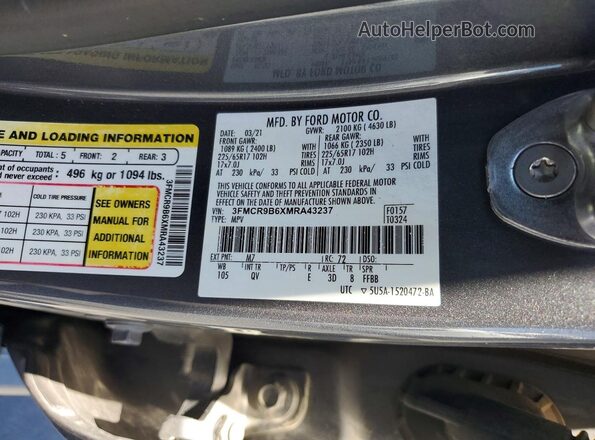 3FMCR9B6XMRA43237 2021 FORD BRONCO Gray VIN კოდის სტიკერის ხედი