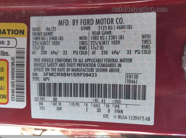 3FMCR9BN1SRF09433 2025 FORD BRONCO SPORT Красный Вид подкапотного пространства